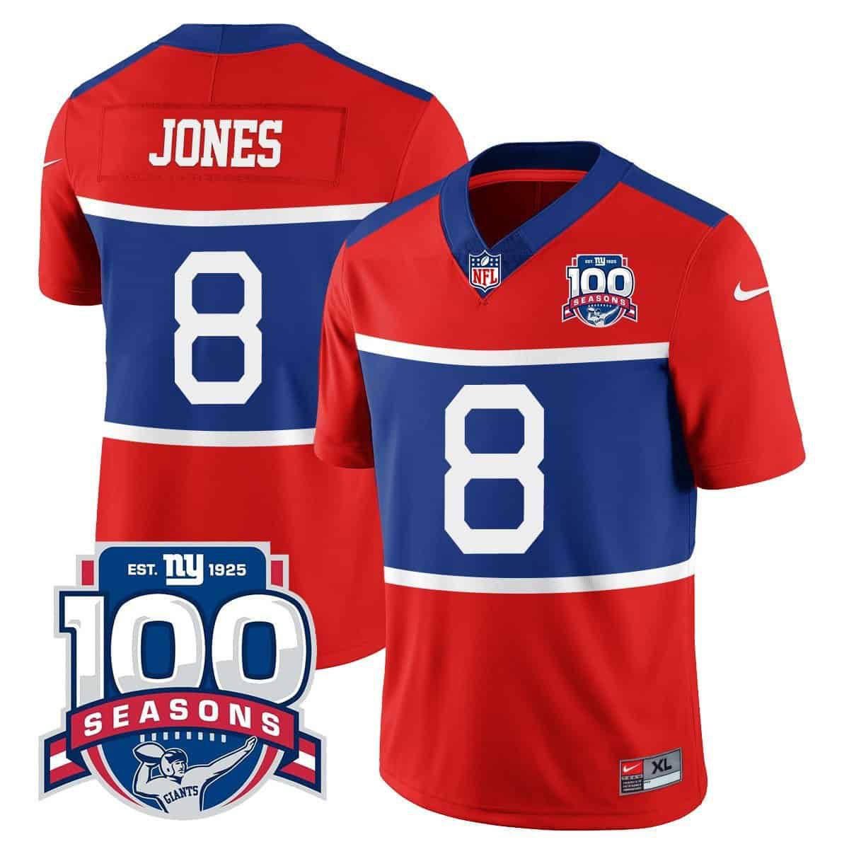 Men New York Giants #8 Jones 2024 Nike Century Red 100TH Season Commemorative Vapor NFL Jersey